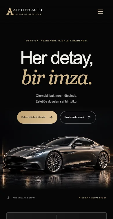 Otomotiv bakım demosunun mobil ana sayfasında başlık, gezinme ve araç görseli