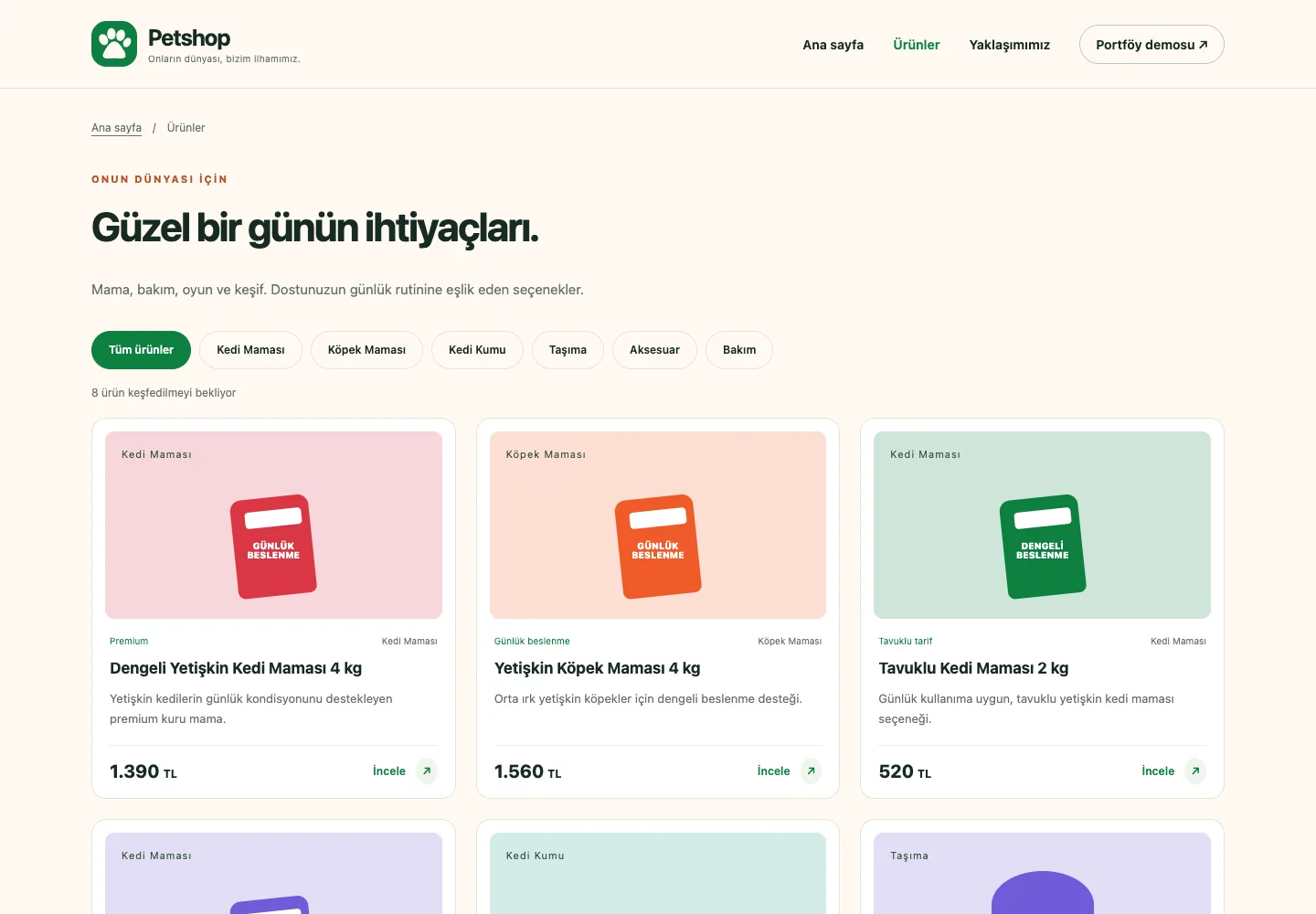 Petshop arayüz demosunda kategori filtreleri ve temsili ürün kartlarıyla katalog sayfası