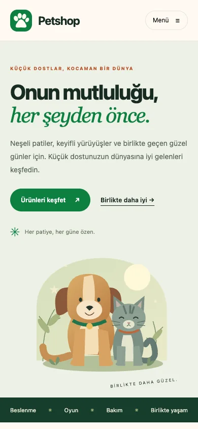 Petshop demosunun mobil ana sayfasında yeşil başlık, keşfet düğmesi ve evcil hayvan illüstrasyonu