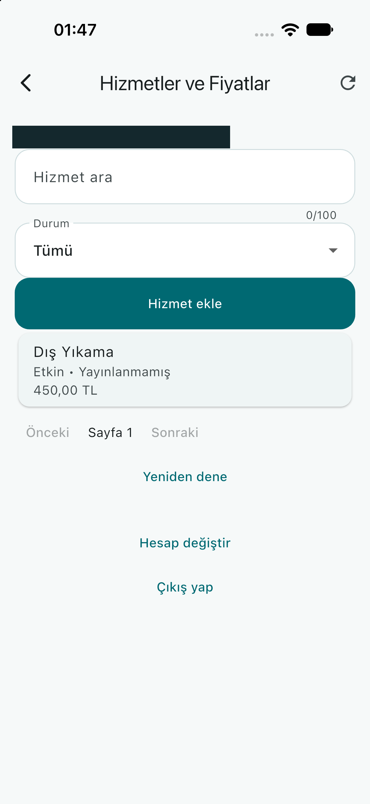 WashFlow Hizmetler ve Fiyatlar ekranında hesap adı maskeli; arama, durum filtresi ve yayınlanmamış Dış Yıkama kaydı görünüyor