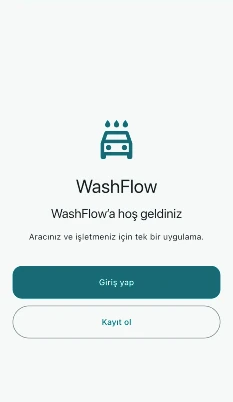 WashFlow karşılama ekranında uygulama simgesi, hoş geldiniz metni ve giriş ile kayıt düğmeleri
